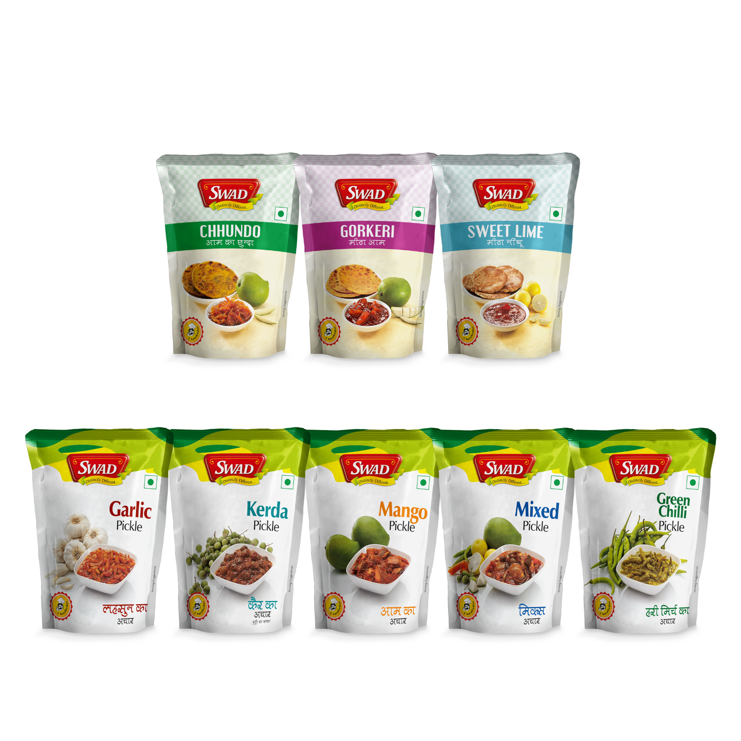 SWAD Mango,Mixed,Green Chilli,Kerda,Garlic,Chhundo,Gorkeri & Sweetlime Pickle 200g- Pack of 8 (1 Piece of each)