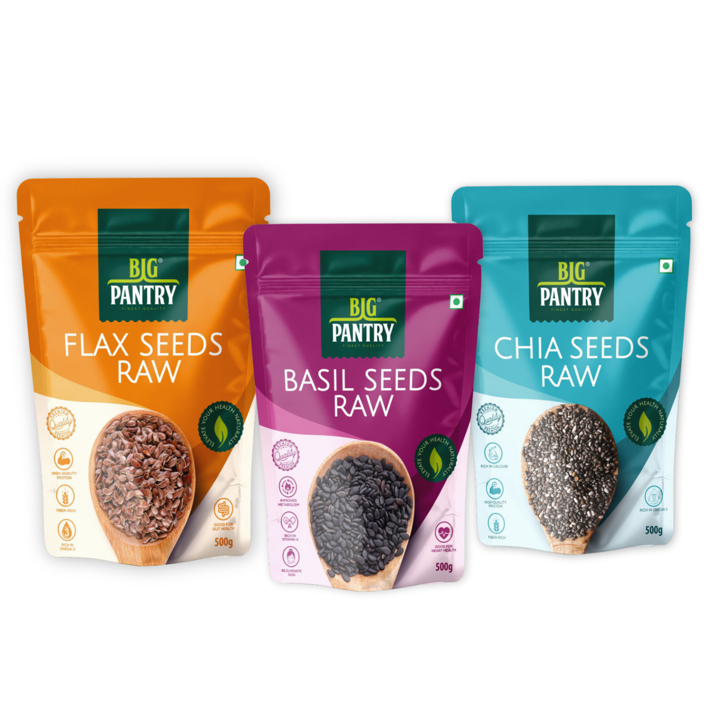 BIG PANTRY Combo Pack of Chia ,Basil & Flax Seeds 500g each