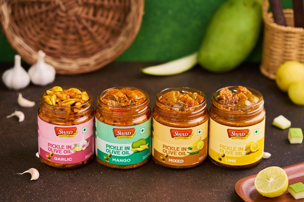 SWAD Combo Pack of Olive Oil Pickles Mango 200g|Mixed 200g|Lime 200g|Garlic 200g