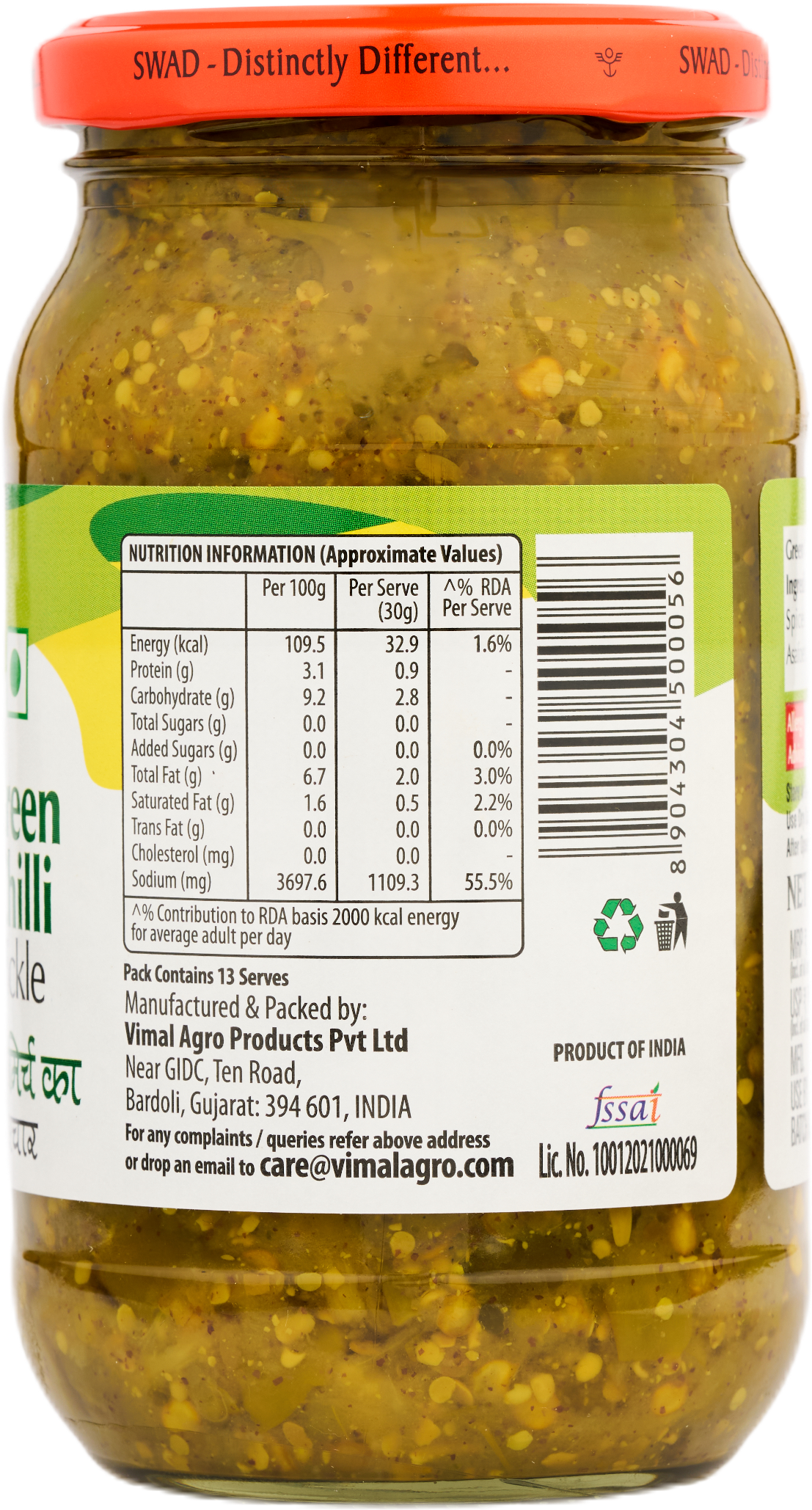 SWAD Combo Pack of Green Chilli Pickle|Mango Pickle|Mixed Pickle 400g|Gorkeri 500g