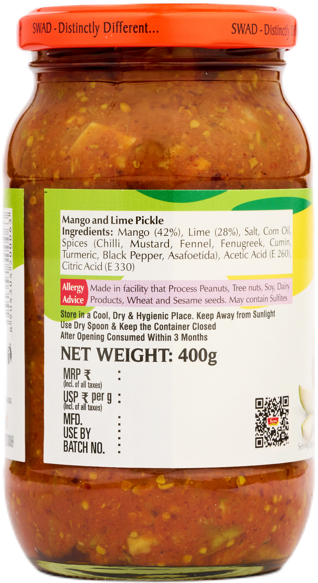 SWAD Combo Pack of Green Chilli Pickle|Mango Pickle|Mixed Pickle 400g|Gorkeri 500g