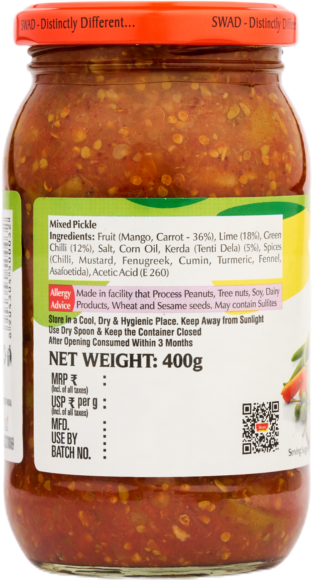 SWAD Combo Pack of Green Chilli Pickle|Mango Pickle|Mixed Pickle 400g|Gorkeri 500g