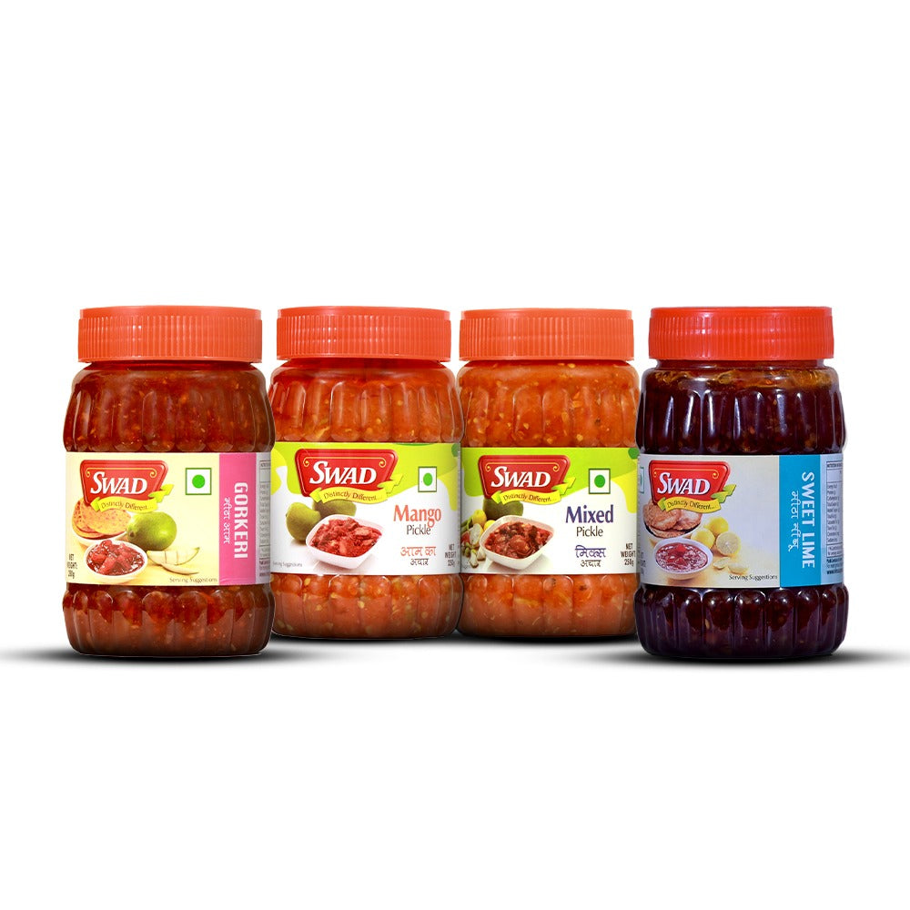SWAD Combo Pack of Mango Pickle 250g|Mixed Pickle 250g|Gorkeri 280g|Sweetlime 280g