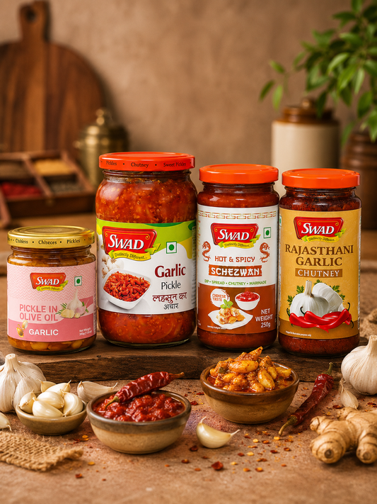 SWAD Combo Pack of Garlic Pickle in Olive| Garlic Pickle| Schezwan Chutney| Rajasthani Garlic Chutney