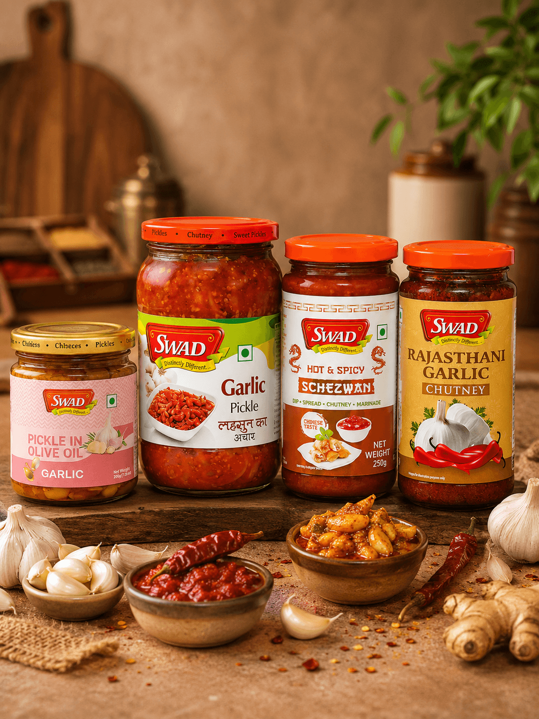 SWAD Combo Pack of Garlic Pickle in Olive| Garlic Pickle| Schezwan Chutney| Rajasthani Garlic Chutney