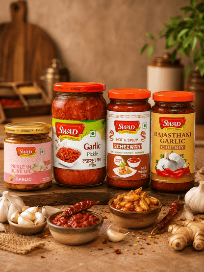 SWAD Combo Pack of Garlic Pickle in Olive| Garlic Pickle| Schezwan Chutney| Rajasthani Garlic Chutney