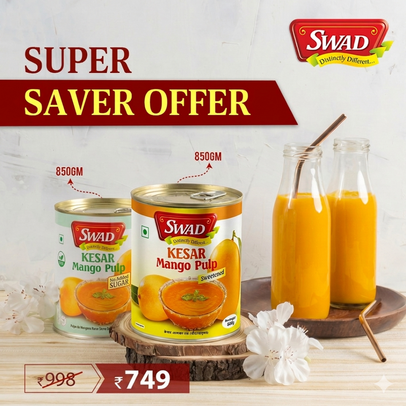 SWAD Combo Pack of Kesar Mango Pulp No added Sugar & Kesar Mango Pulp Sweetened 850g