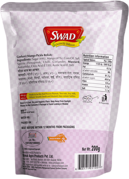 SWAD Mango,Mixed,Green Chilli,Kerda,Garlic,Chhundo,Gorkeri & Sweetlime Pickle 200g- Pack of 8 (1 Piece of each)