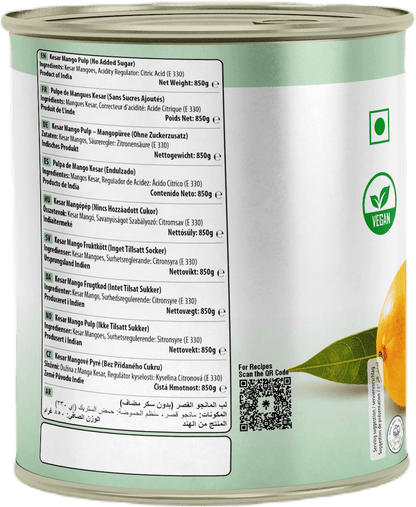 SWAD Combo Pack of Kesar Mango Pulp No added Sugar & Kesar Mango Pulp Sweetened 850g