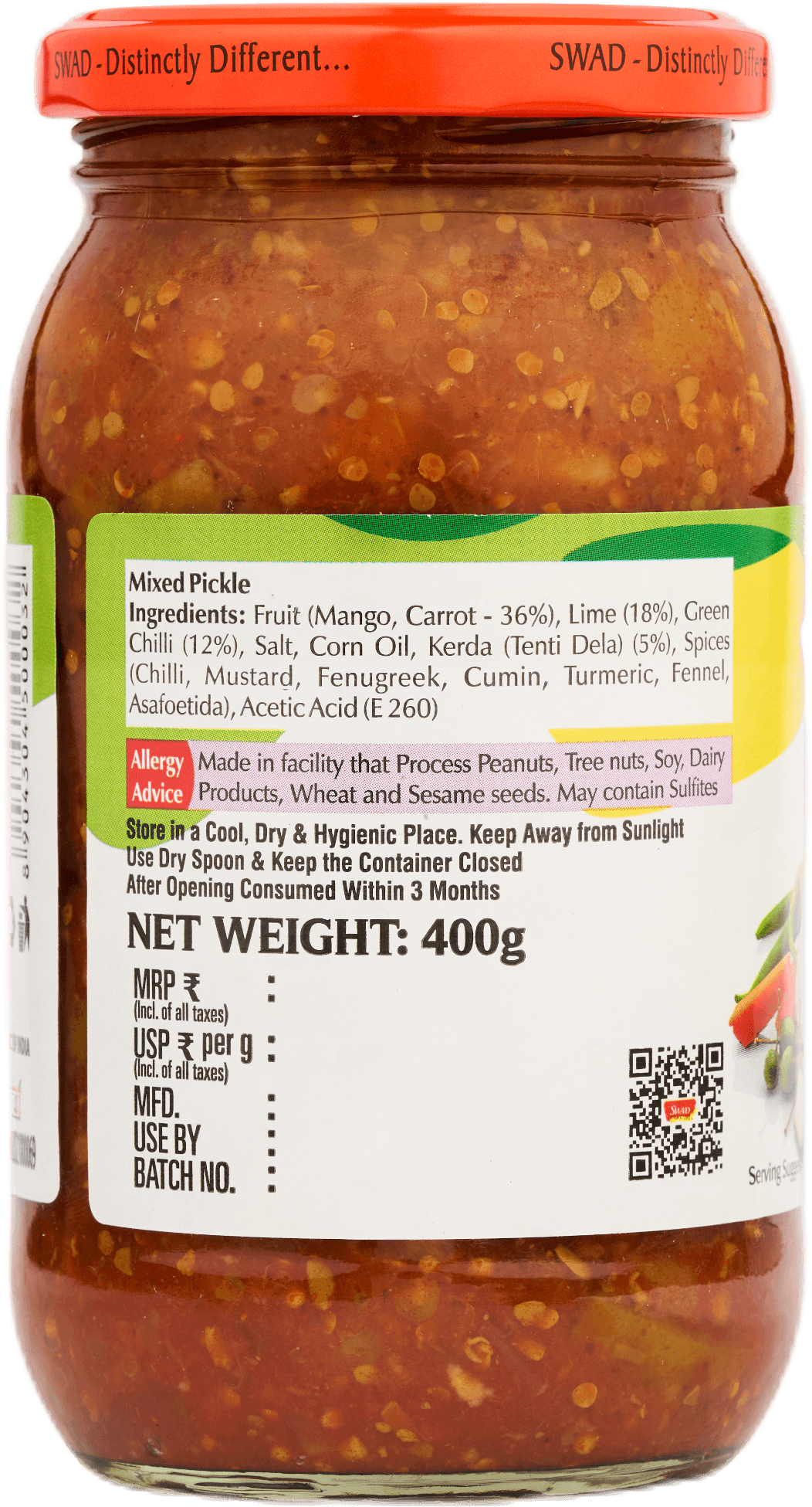 SWAD Combo Pack of Green Chilli Pickle|Mango Pickle|Mixed Pickle 400g|Gorkeri 500g
