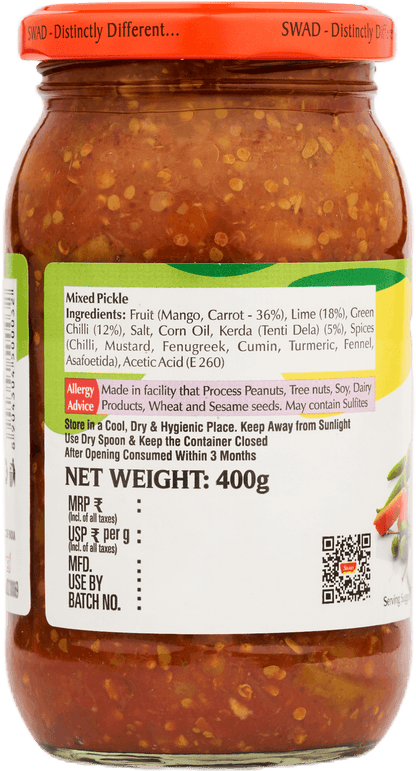 SWAD Combo Pack of Green Chilli Pickle|Mango Pickle|Mixed Pickle 400g|Gorkeri 500g