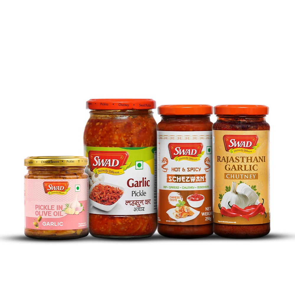 SWAD Combo Pack of Garlic Pickle in Olive| Garlic Pickle| Schezwan Chutney| Rajasthani Garlic Chutney