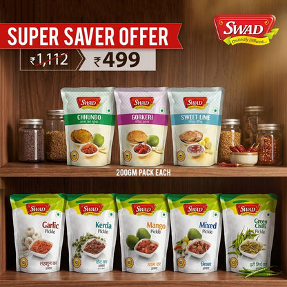 SWAD Mango,Mixed,Green Chilli,Kerda,Garlic,Chhundo,Gorkeri & Sweetlime Pickle 200g- Pack of 8 (1 Piece of each)