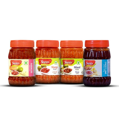 SWAD Combo Pack of Mango Pickle 250g|Mixed Pickle 250g|Gorkeri 280g|Sweetlime 280g